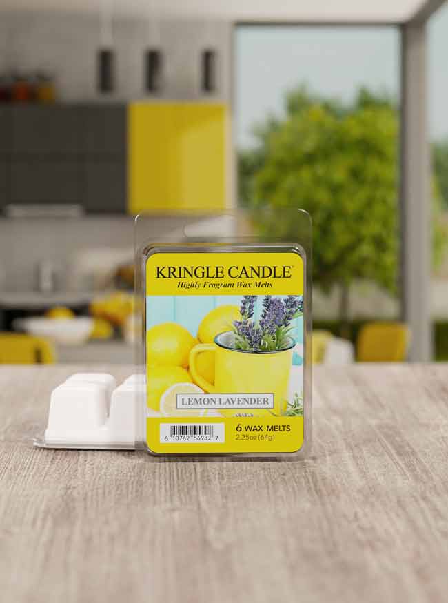 Kringle Candle Lemon Lavender wax melts packaging on a kitchen counter