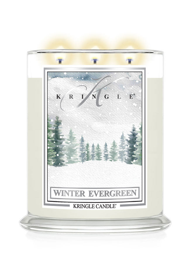 Kringle Candle Winter Evergreen candle with a snowy forest label on a white background