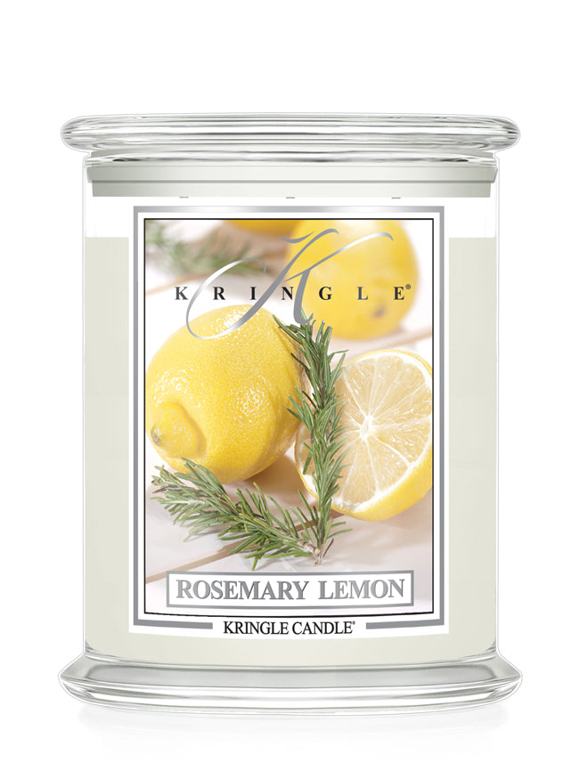 A Kringle Candle in a clear glass jar with white wax, featuring a front label with a lemon and rosemary illustration and the scent name 'Rosemary Lemon'.